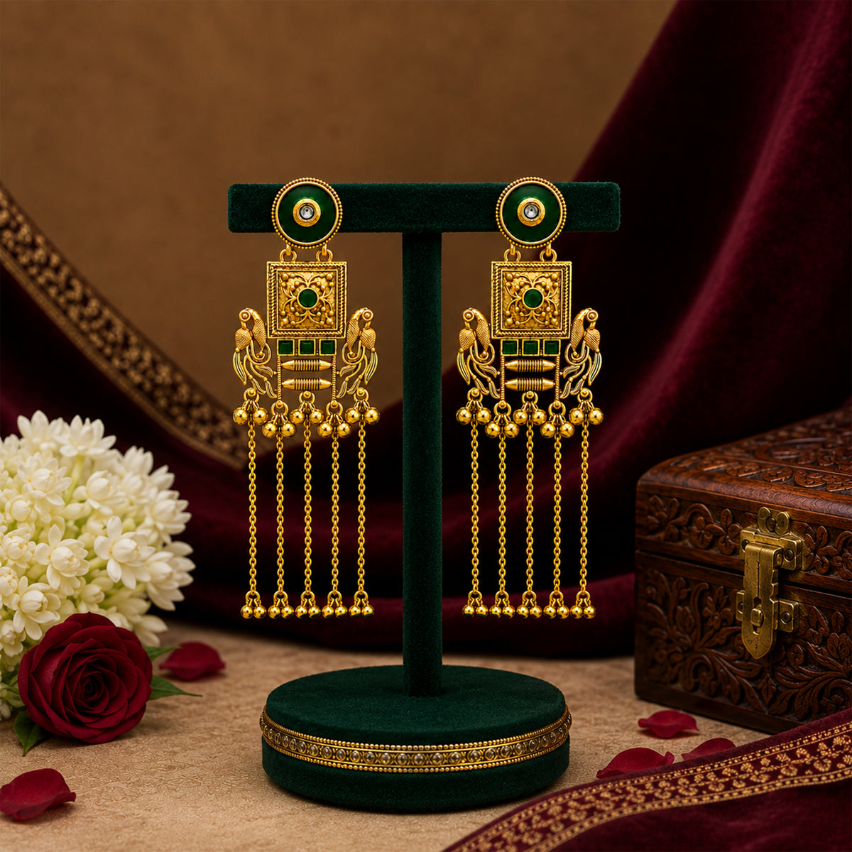 Matte Gold Plated Drop Chandelier Earrings with Peacock Design for Women - Green  (SJE_338_G)