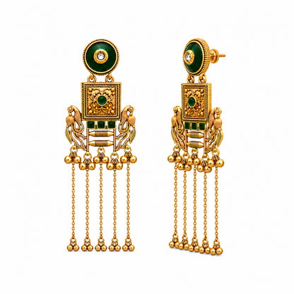 Matte Gold Plated Drop Chandelier Earrings with Peacock Design for Women - Green  (SJE_338_G)