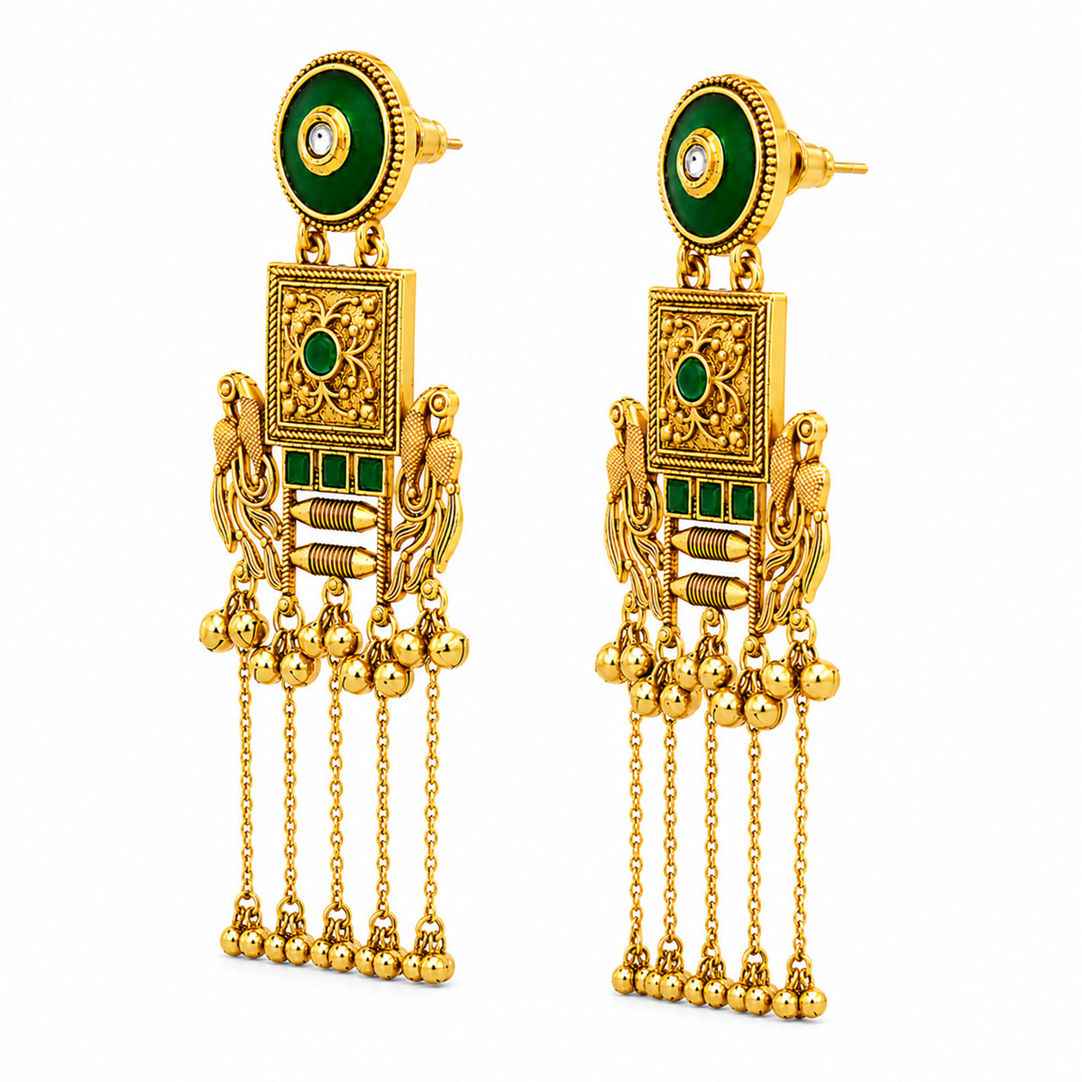 Matte Gold Plated Drop Chandelier Earrings with Peacock Design for Women - Green  (SJE_338_G)