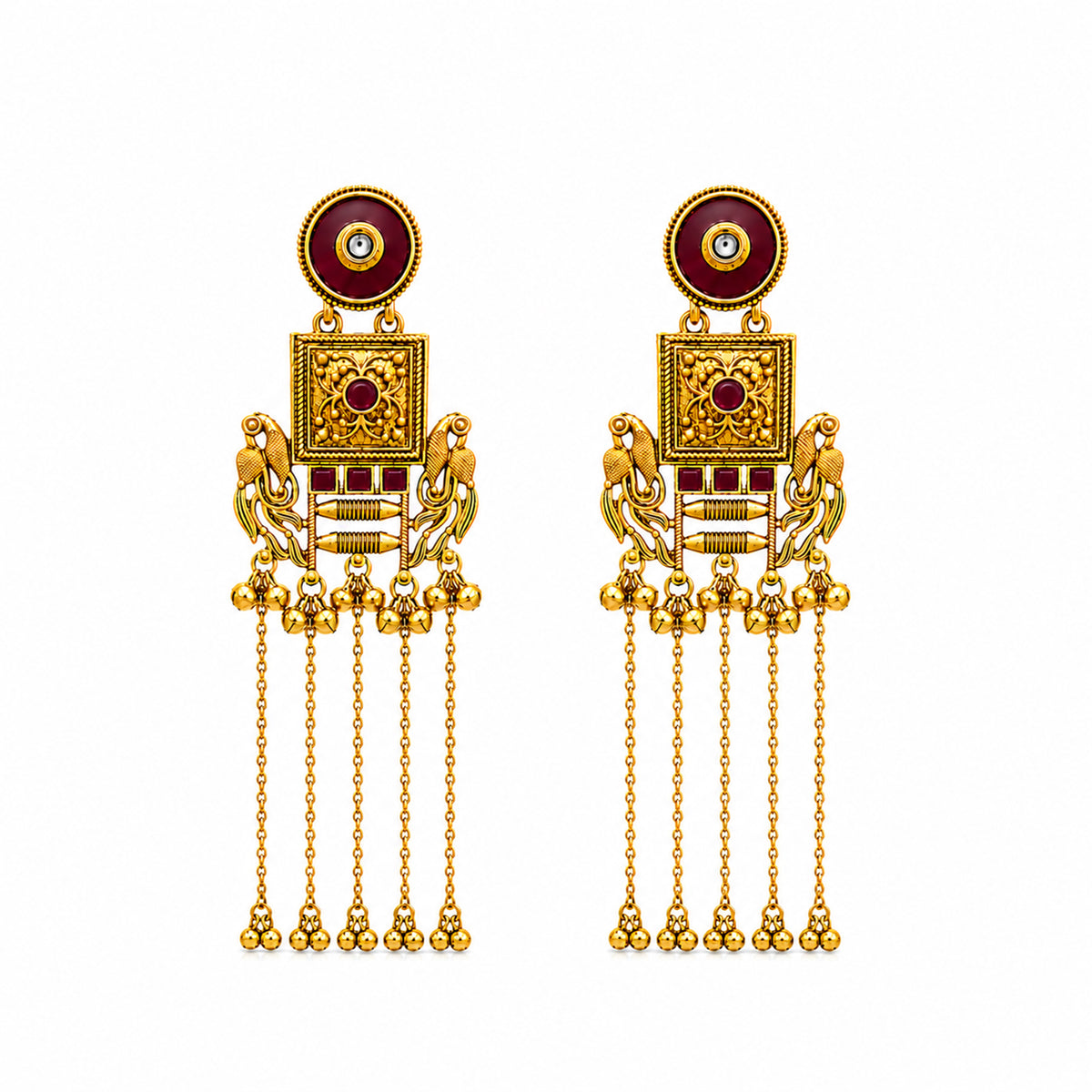 Matte Gold Plated Drop Chandelier Earrings with Peacock Design for Women - Maroon  (SJE_338_G)