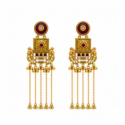 Matte Gold Plated Drop Chandelier Earrings with Peacock Design for Women - Maroon  (SJE_338_G)