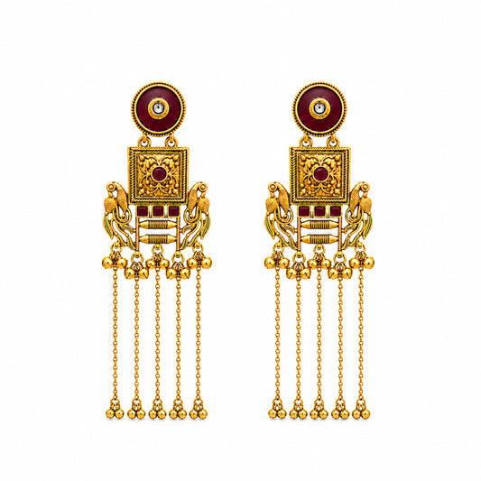 Matte Gold Plated Drop Chandelier Earrings with Peacock Design for Women - Maroon  (SJE_338_G)