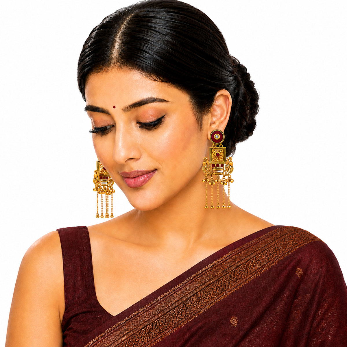 Matte Gold Plated Drop Chandelier Earrings with Peacock Design for Women - Maroon  (SJE_338_G)