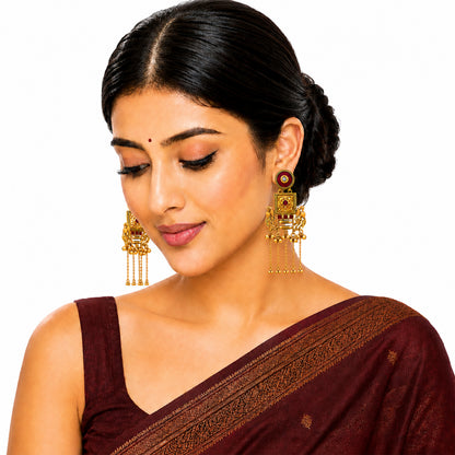 Matte Gold Plated Drop Chandelier Earrings with Peacock Design for Women - Maroon  (SJE_338_G)