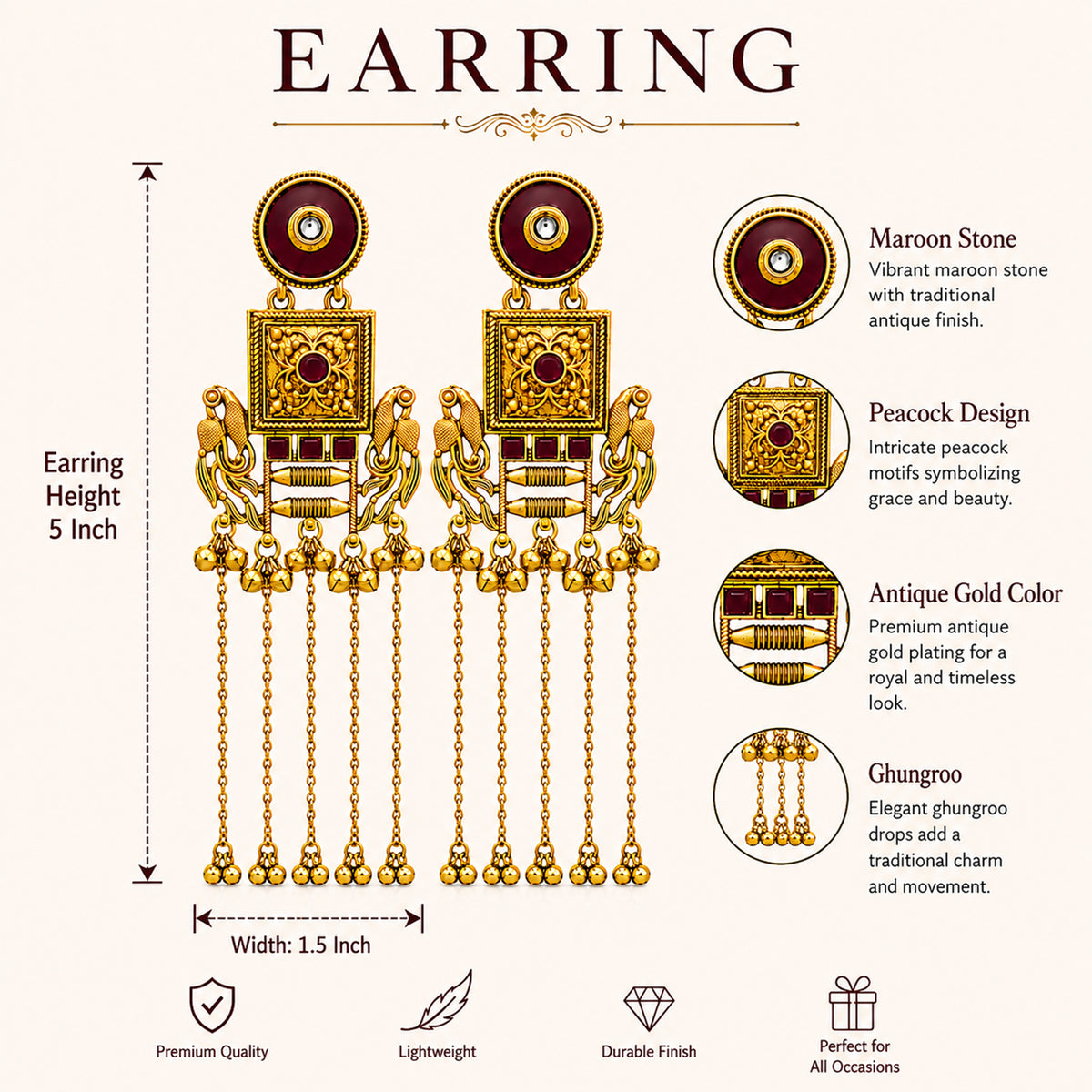 Matte Gold Plated Drop Chandelier Earrings with Peacock Design for Women - Maroon  (SJE_338_G)