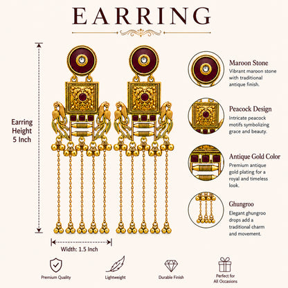 Matte Gold Plated Drop Chandelier Earrings with Peacock Design for Women - Maroon  (SJE_338_G)