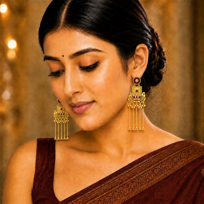 Matte Gold Plated Drop Chandelier Earrings with Peacock Design for Women - Maroon  (SJE_338_G)