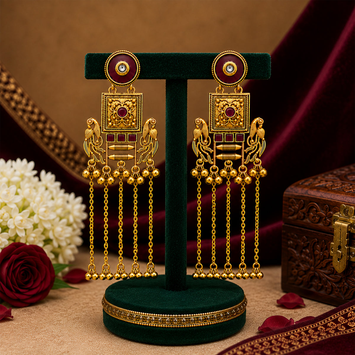 Matte Gold Plated Drop Chandelier Earrings with Peacock Design for Women - Maroon  (SJE_338_G)
