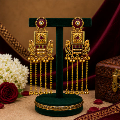 Matte Gold Plated Drop Chandelier Earrings with Peacock Design for Women - Maroon  (SJE_338_G)