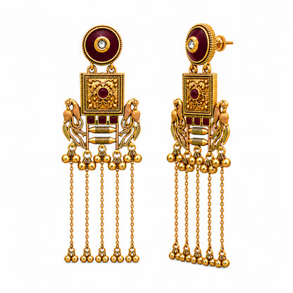 Matte Gold Plated Drop Chandelier Earrings with Peacock Design for Women - Maroon  (SJE_338_G)