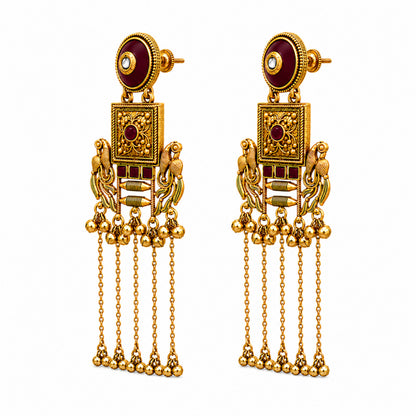 Matte Gold Plated Drop Chandelier Earrings with Peacock Design for Women - Maroon  (SJE_338_G)