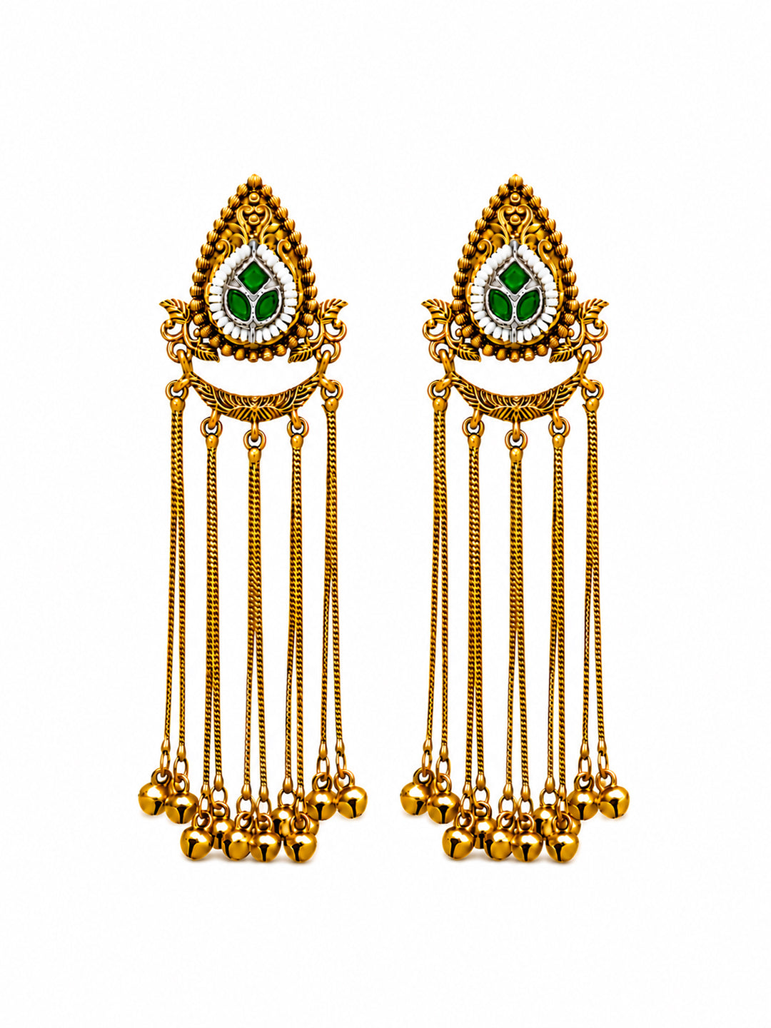 Matte Gold Plated Drop Chandelier Earrings with Ghungroo for Women - Green (SJE_339_G)