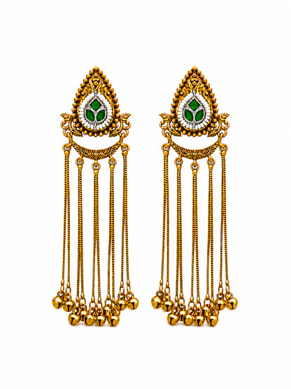 Matte Gold Plated Drop Chandelier Earrings with Ghungroo for Women - Green (SJE_339_G)