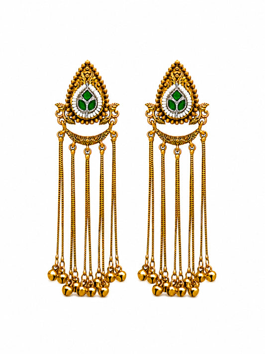Matte Gold Plated Drop Chandelier Earrings with Ghungroo for Women - Green (SJE_339_G)