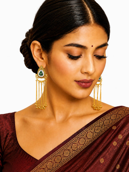 Matte Gold Plated Drop Chandelier Earrings with Ghungroo for Women - Green (SJE_339_G)
