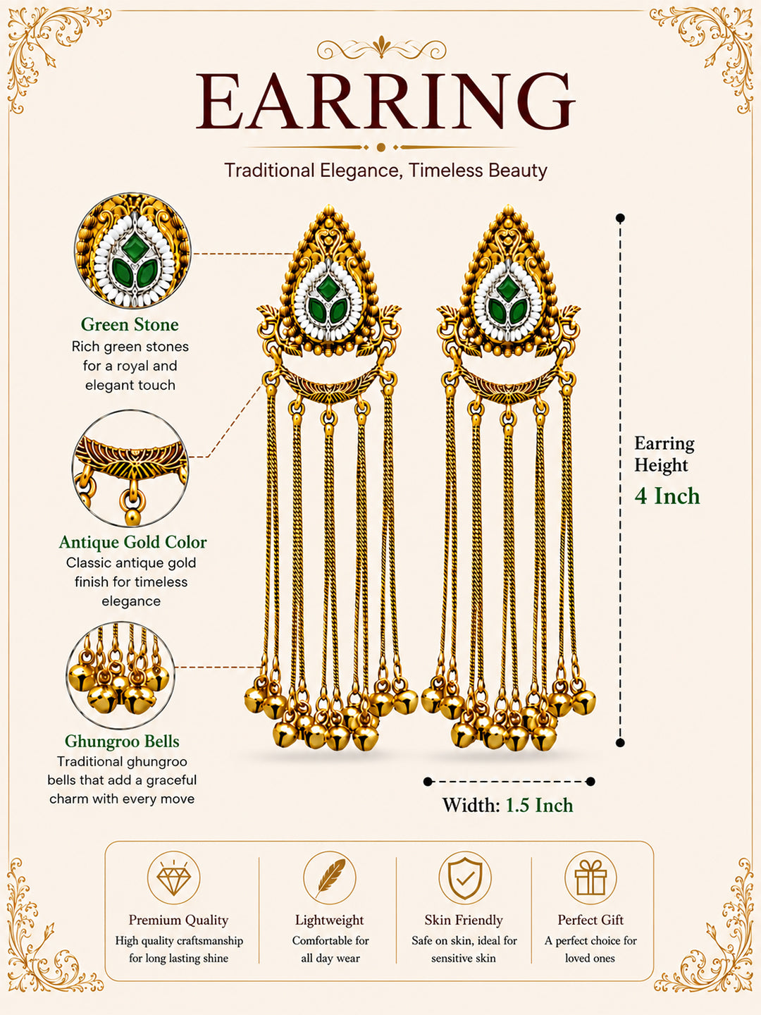 Matte Gold Plated Drop Chandelier Earrings with Ghungroo for Women - Green (SJE_339_G)