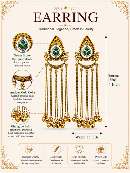 Matte Gold Plated Drop Chandelier Earrings with Ghungroo for Women - Green (SJE_339_G)