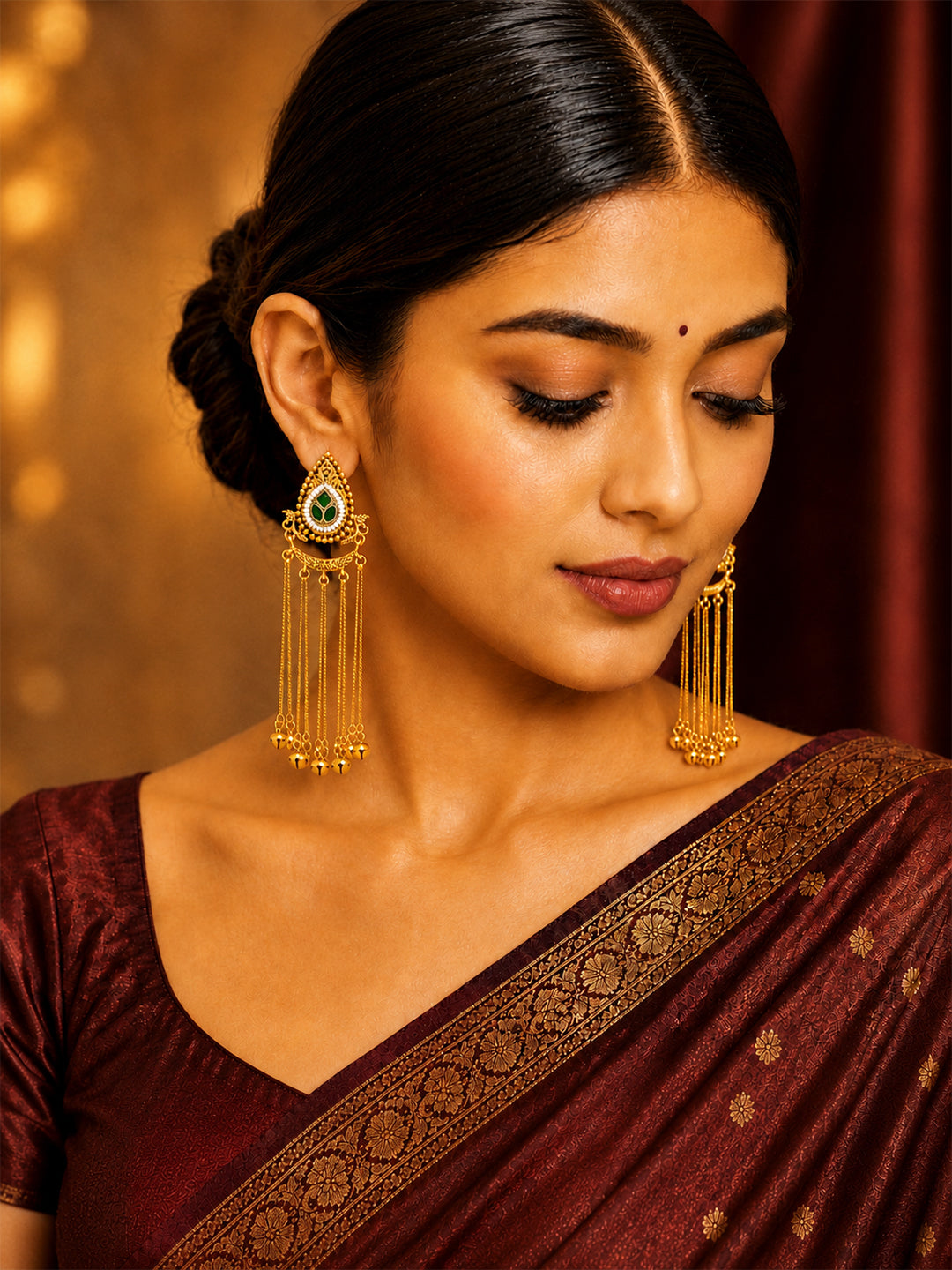 Matte Gold Plated Drop Chandelier Earrings with Ghungroo for Women - Green (SJE_339_G)