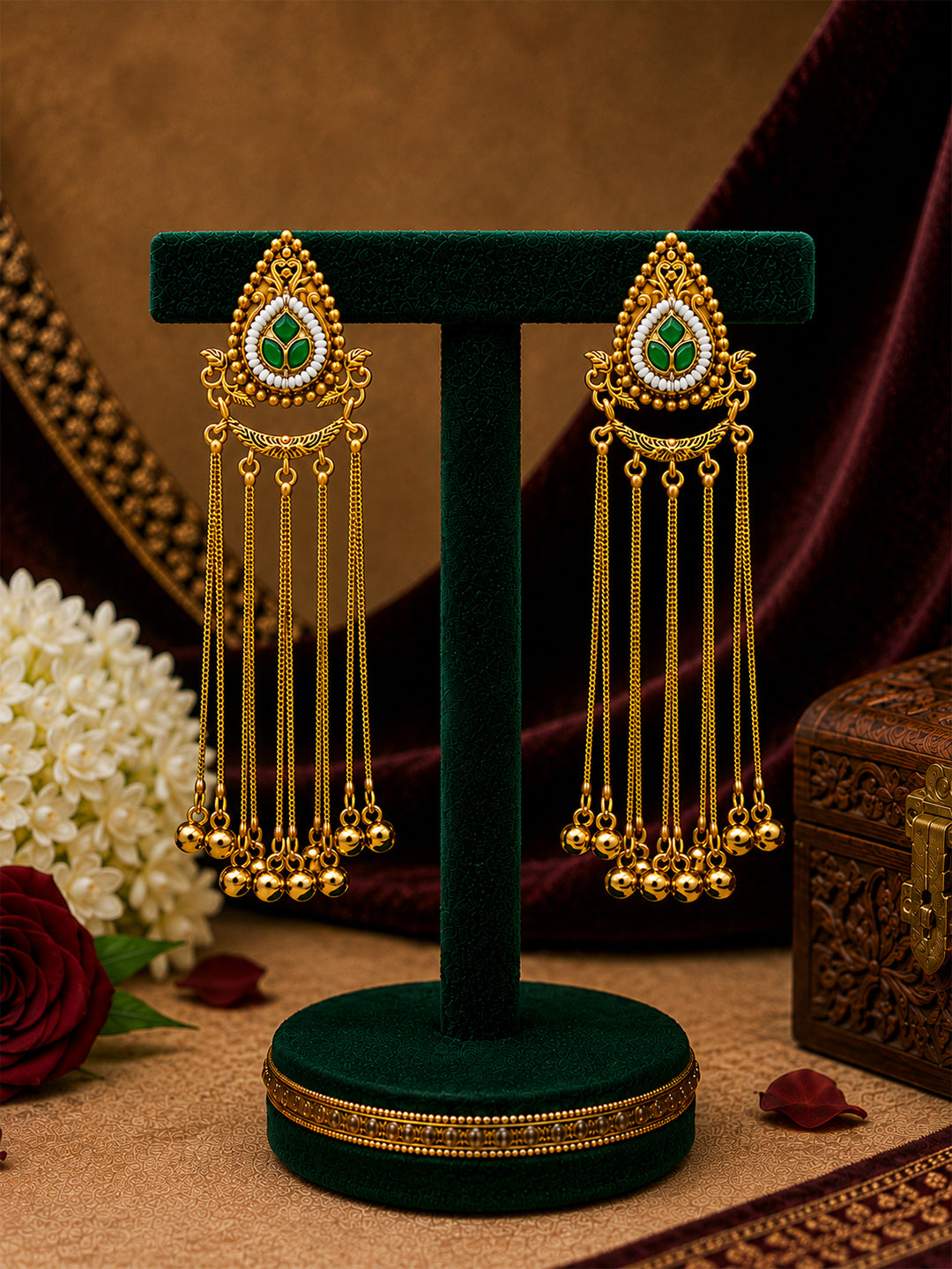 Matte Gold Plated Drop Chandelier Earrings with Ghungroo for Women - Green (SJE_339_G)