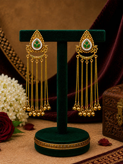 Matte Gold Plated Drop Chandelier Earrings with Ghungroo for Women - Green (SJE_339_G)