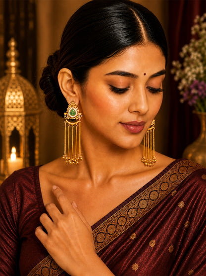 Matte Gold Plated Drop Chandelier Earrings with Ghungroo for Women - Green (SJE_339_G)