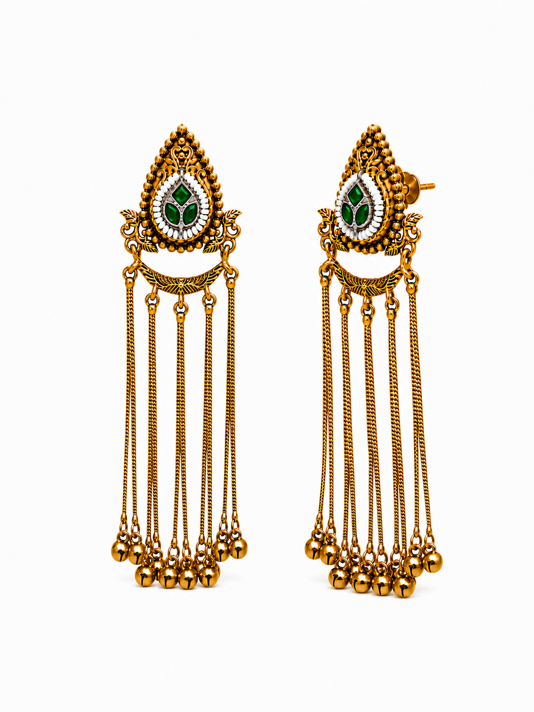 Matte Gold Plated Drop Chandelier Earrings with Ghungroo for Women - Green (SJE_339_G)