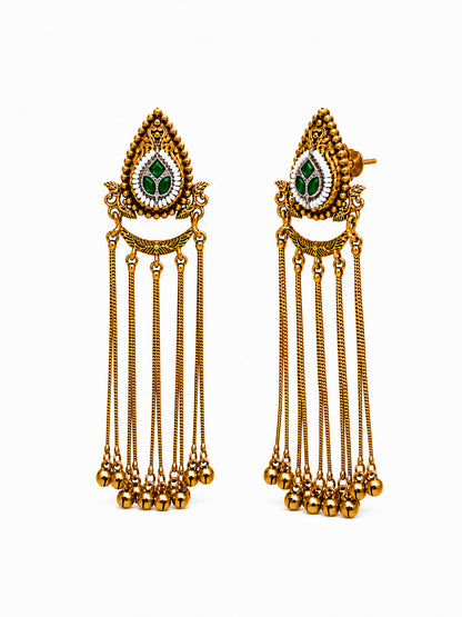 Matte Gold Plated Drop Chandelier Earrings with Ghungroo for Women - Green (SJE_339_G)