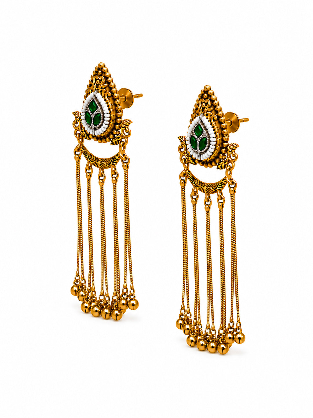 Matte Gold Plated Drop Chandelier Earrings with Ghungroo for Women - Green (SJE_339_G)