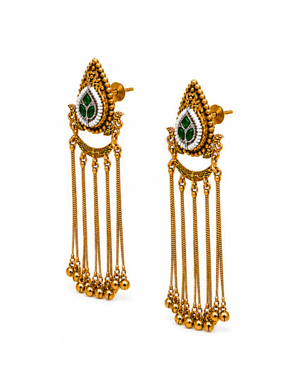 Matte Gold Plated Drop Chandelier Earrings with Ghungroo for Women - Green (SJE_339_G)