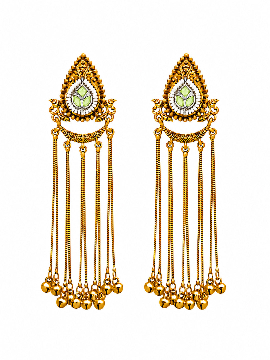 Matte Gold Plated Drop Chandelier Earrings with Ghungroo for Women - Light Green (SJE_339_LG)
