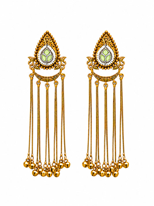 Matte Gold Plated Drop Chandelier Earrings with Ghungroo for Women - Light Green (SJE_339_LG)