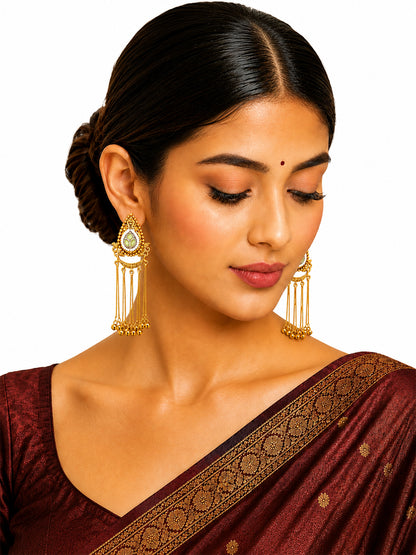 Matte Gold Plated Drop Chandelier Earrings with Ghungroo for Women - Light Green (SJE_339_LG)