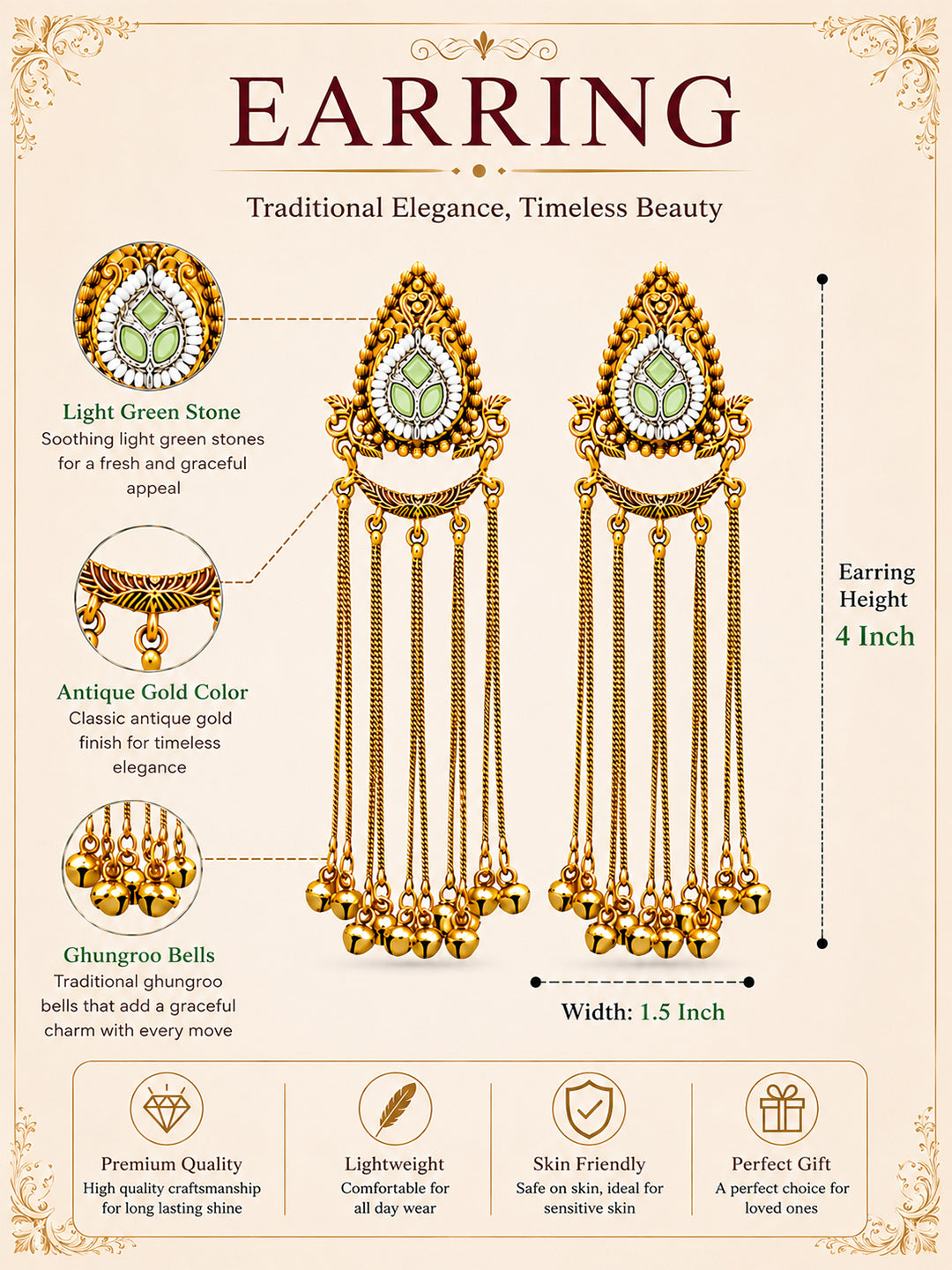Matte Gold Plated Drop Chandelier Earrings with Ghungroo for Women - Light Green (SJE_339_LG)