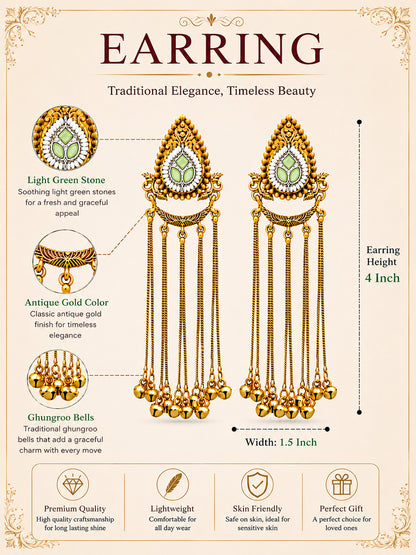 Matte Gold Plated Drop Chandelier Earrings with Ghungroo for Women - Light Green (SJE_339_LG)