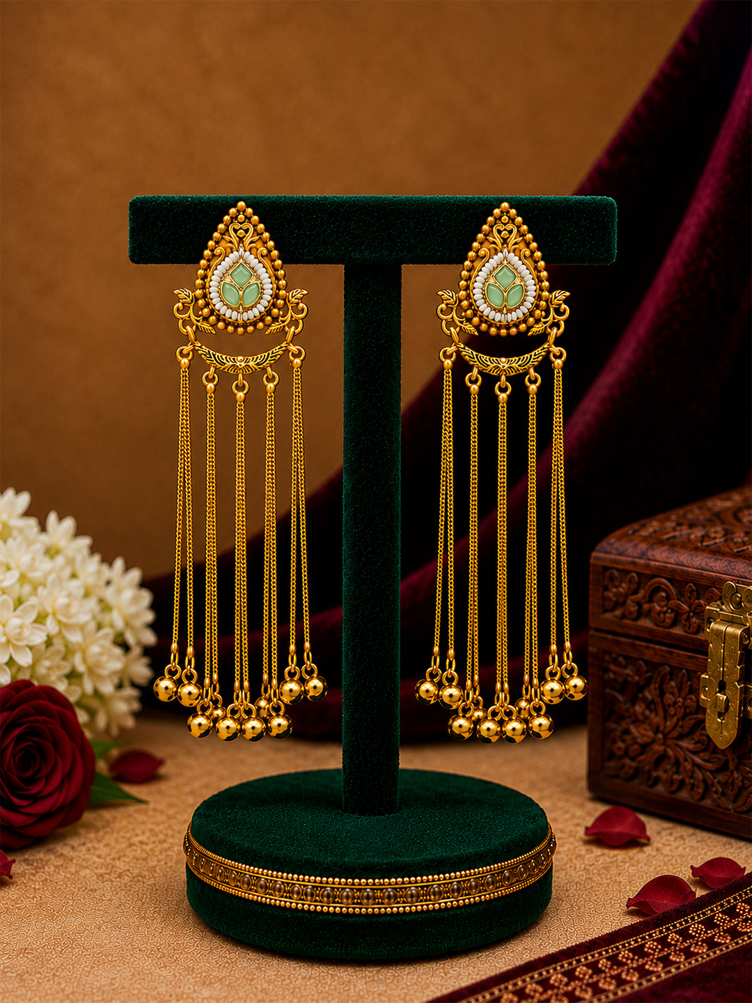 Matte Gold Plated Drop Chandelier Earrings with Ghungroo for Women - Light Green (SJE_339_LG)