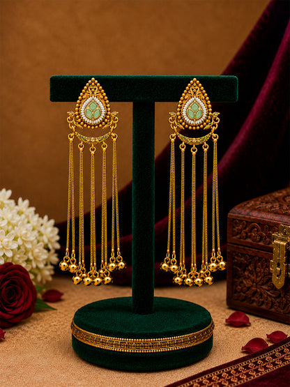 Matte Gold Plated Drop Chandelier Earrings with Ghungroo for Women - Light Green (SJE_339_LG)