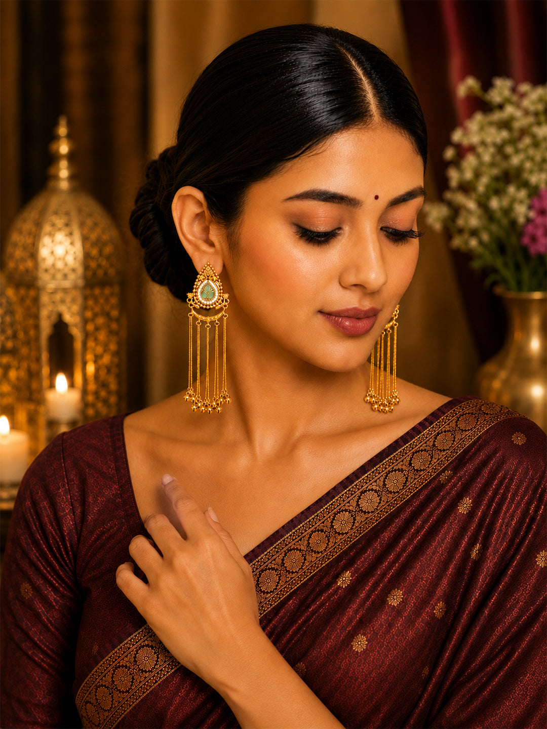 Matte Gold Plated Drop Chandelier Earrings with Ghungroo for Women - Light Green (SJE_339_LG)