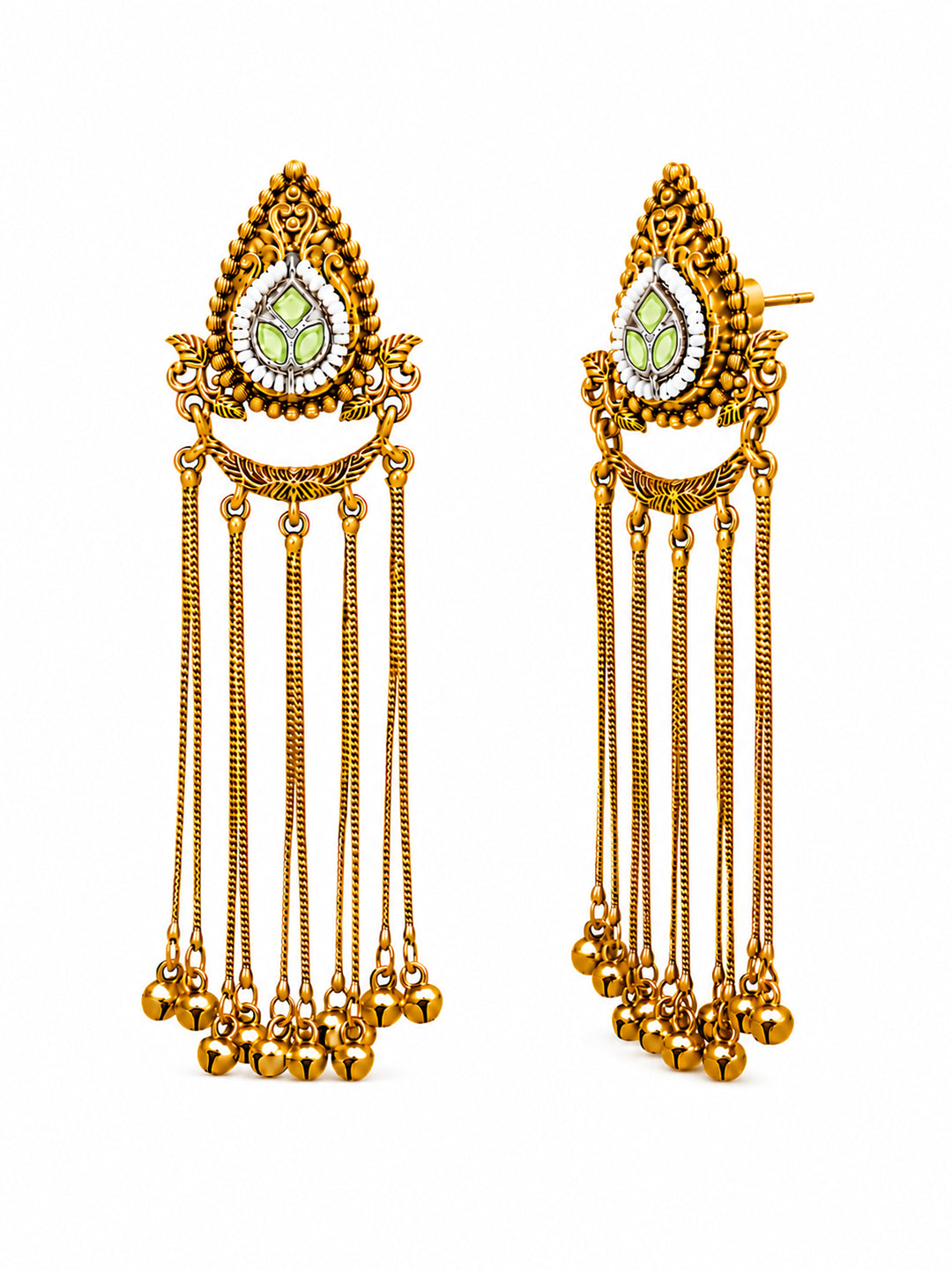 Matte Gold Plated Drop Chandelier Earrings with Ghungroo for Women - Light Green (SJE_339_LG)