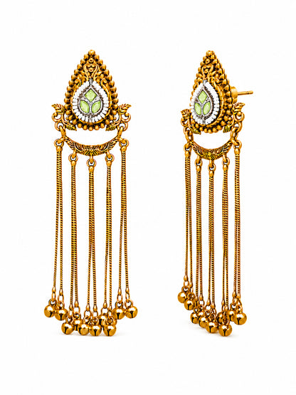 Matte Gold Plated Drop Chandelier Earrings with Ghungroo for Women - Light Green (SJE_339_LG)