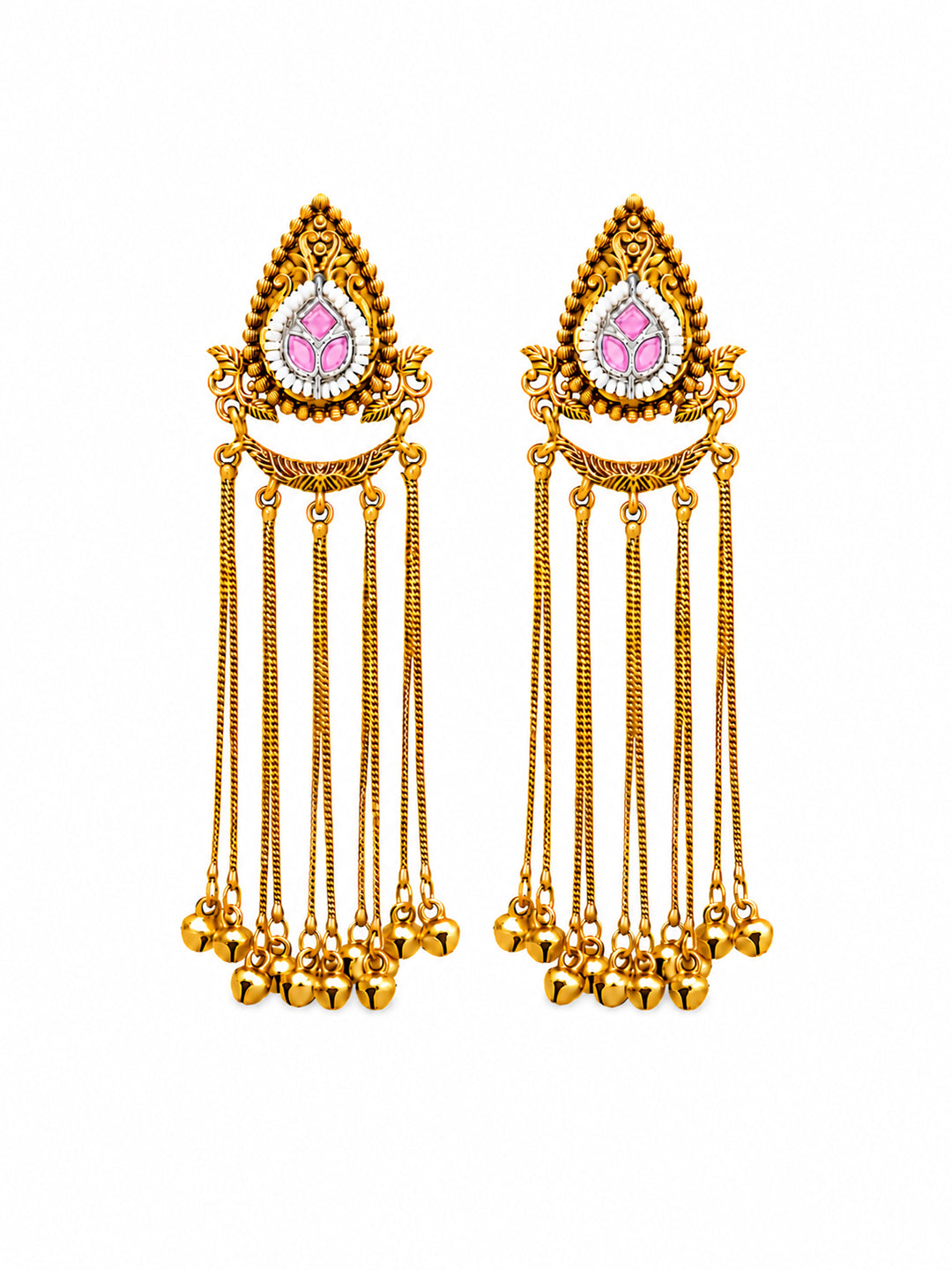 Matte Gold Plated Drop Chandelier Earrings with Ghungroo for Women - Light Pink (SJE_339_LP)