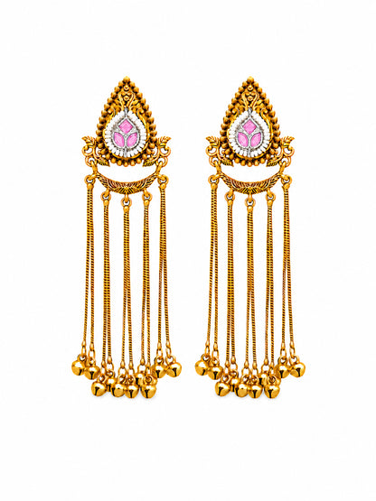 Matte Gold Plated Drop Chandelier Earrings with Ghungroo for Women - Light Pink (SJE_339_LP)