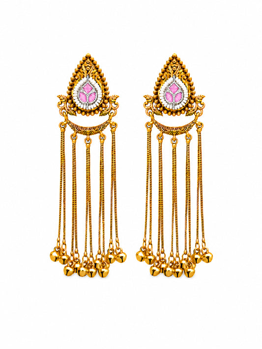 Matte Gold Plated Drop Chandelier Earrings with Ghungroo for Women - Light Pink (SJE_339_LP)