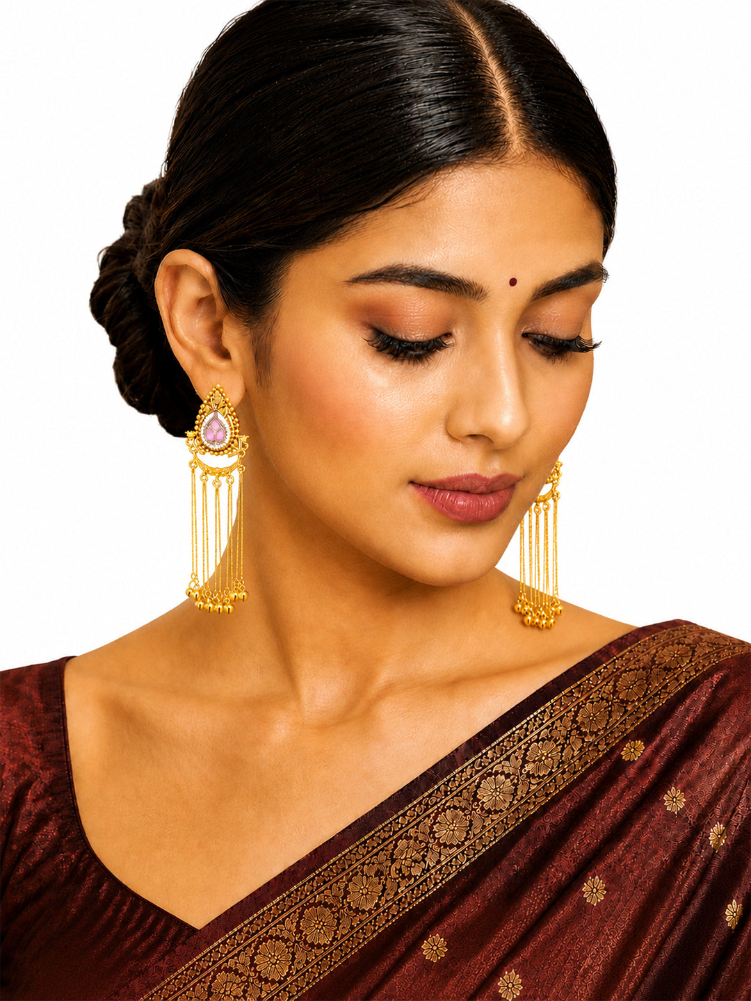 Matte Gold Plated Drop Chandelier Earrings with Ghungroo for Women - Light Pink (SJE_339_LP)