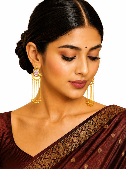 Matte Gold Plated Drop Chandelier Earrings with Ghungroo for Women - Light Pink (SJE_339_LP)