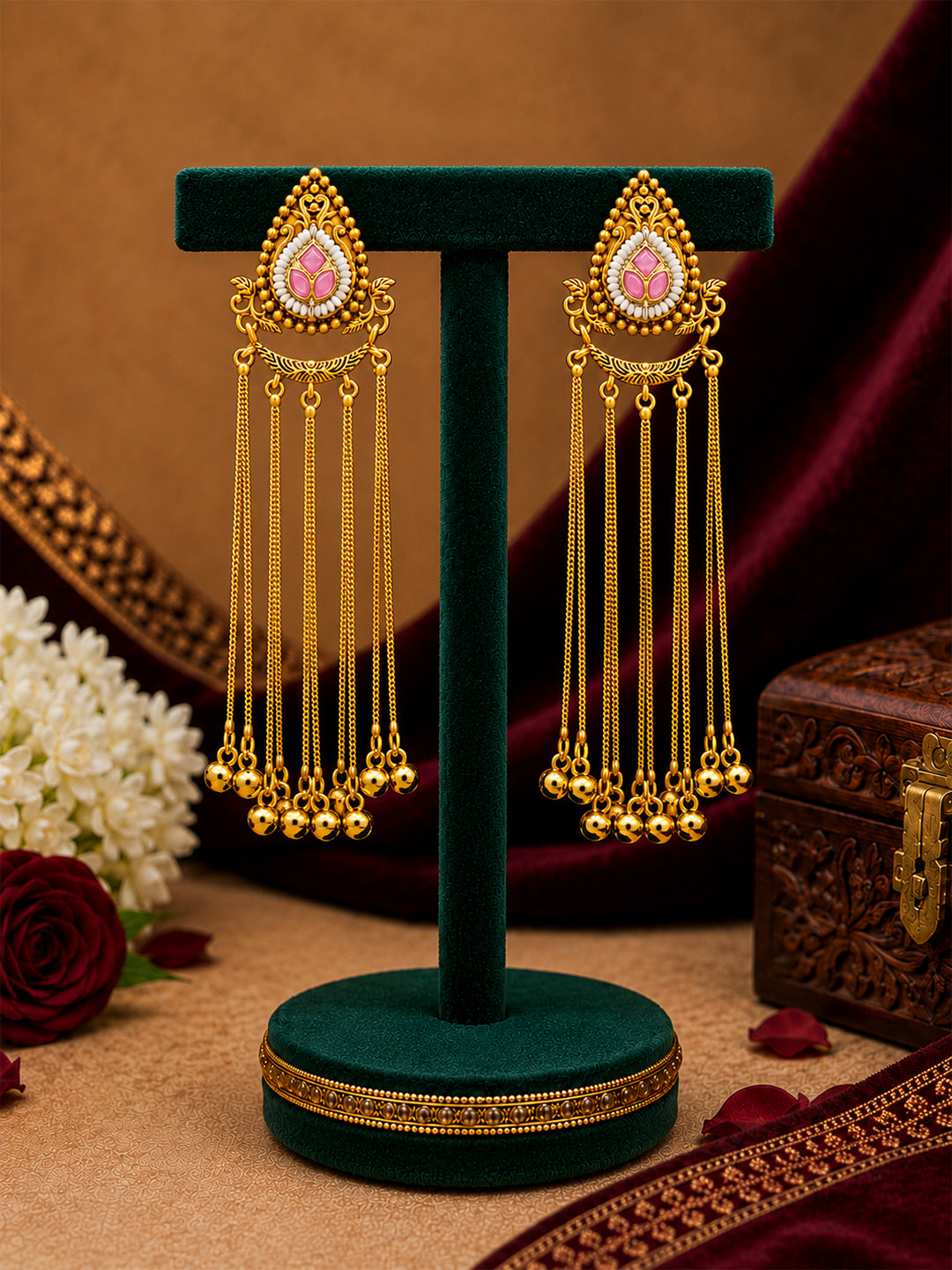Matte Gold Plated Drop Chandelier Earrings with Ghungroo for Women - Light Pink (SJE_339_LP)