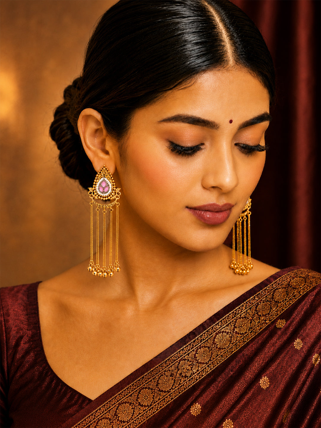 Matte Gold Plated Drop Chandelier Earrings with Ghungroo for Women - Light Pink (SJE_339_LP)