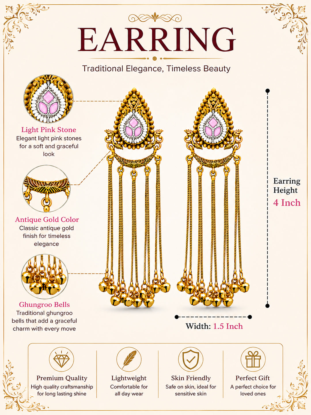 Matte Gold Plated Drop Chandelier Earrings with Ghungroo for Women - Light Pink (SJE_339_LP)