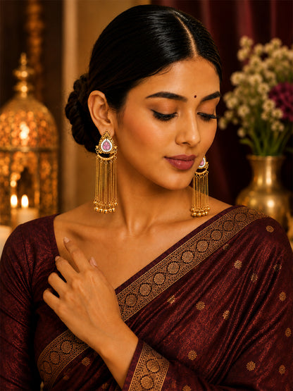 Matte Gold Plated Drop Chandelier Earrings with Ghungroo for Women - Light Pink (SJE_339_LP)