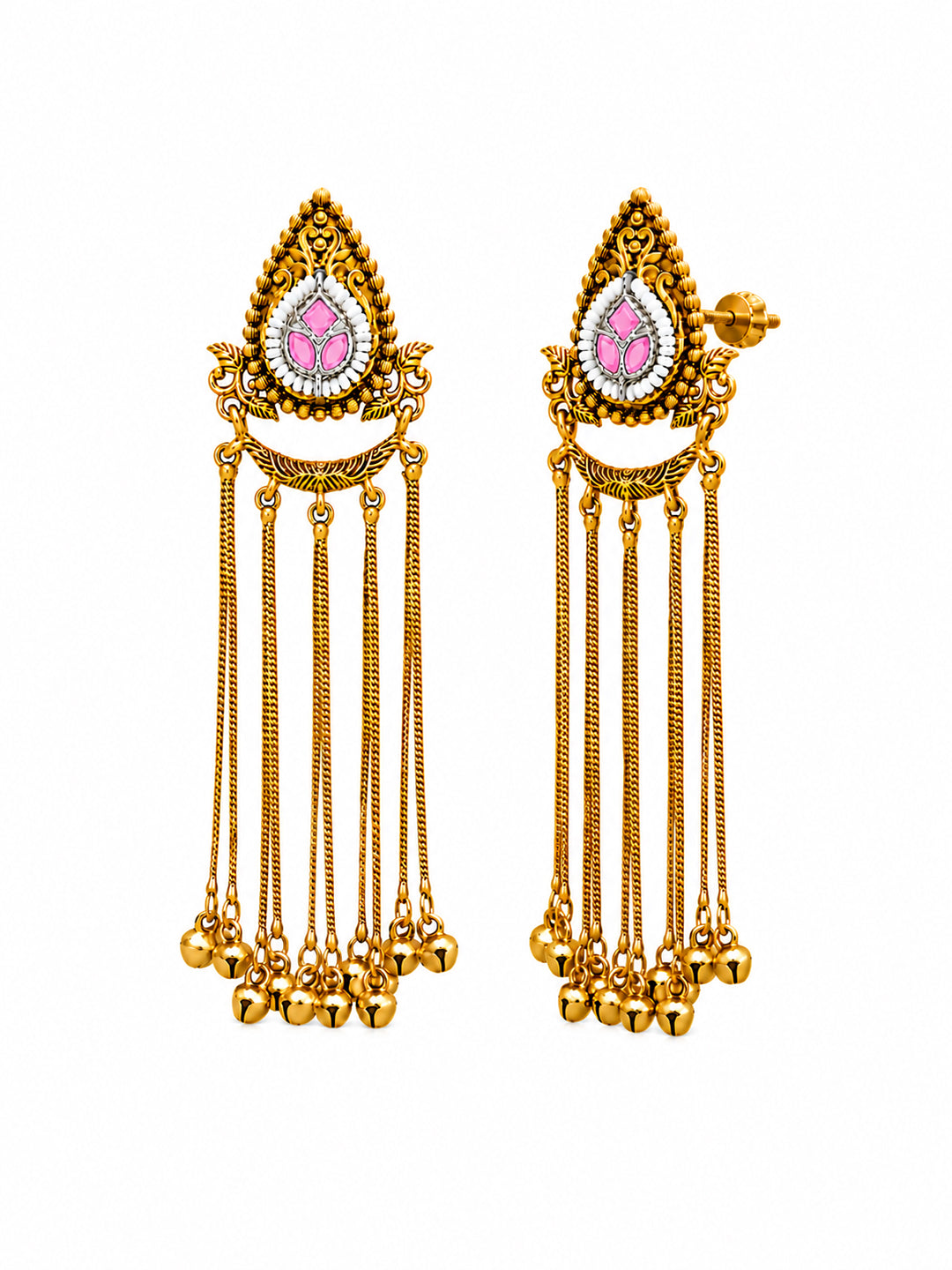 Matte Gold Plated Drop Chandelier Earrings with Ghungroo for Women - Light Pink (SJE_339_LP)