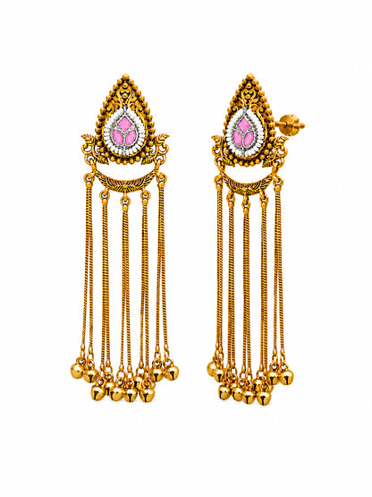 Matte Gold Plated Drop Chandelier Earrings with Ghungroo for Women - Light Pink (SJE_339_LP)